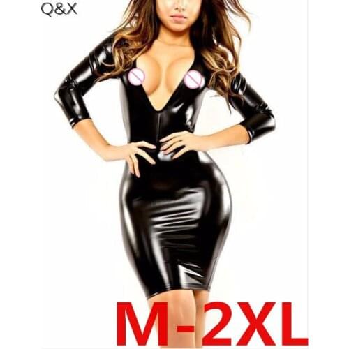 XX36 2018 M-2XL New Arrival Leather Dress Bodycon Short Sexy Dresses Women Tight Clothing Black V Neck Club Dress