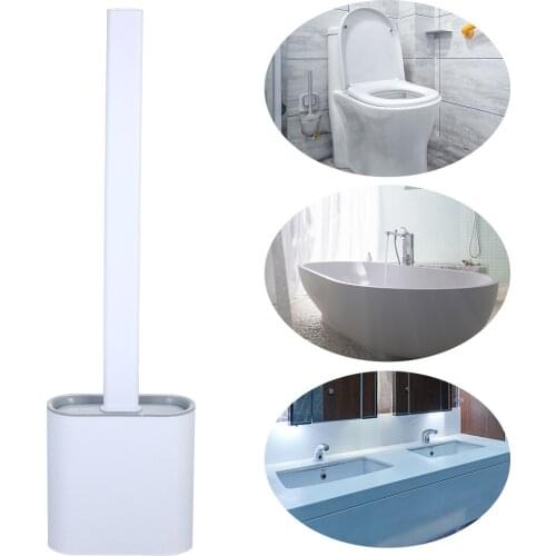 Flat Toilet Brush with Holder Silicone Toilet Bowl Cleaner Brush with Caddy Flexible Non-scratch TPR Bristles for Cleaning