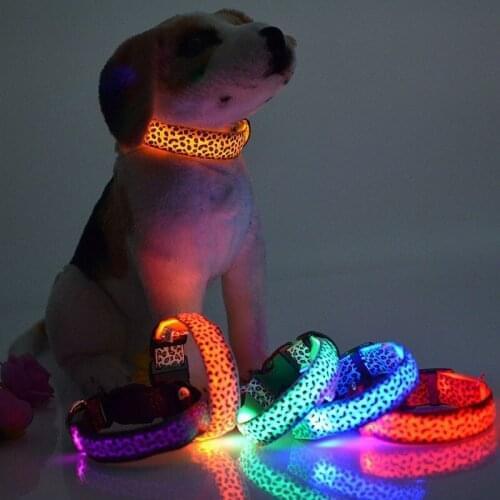 QuevinAdjustable USB Charging LED Leopard Print Collars For Pet Dog Cat Nylon Ribbon Night Safety Flashing Glow Electric Collars