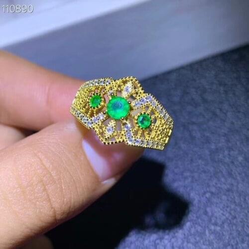 Natural emerald ring 925 sterling silver plated gold finger ring adjustable included certificate