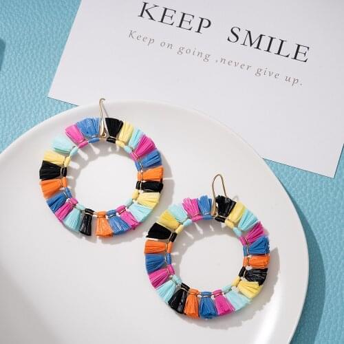 Jaeeyin 2021 Fashion Ethnic Colorful Rainbow Bohemia Raffia Gold Color Statement Exaggerated Hoop Pendant Dangle Earrings New