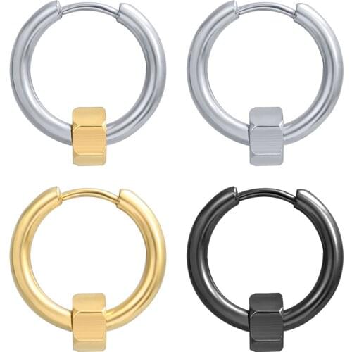 ZS Nut Shape Punk Hoop Earrings Stainless Steel Hip Hop Circle Earring Male Biker Jewelry Small Round Earring for Men Women