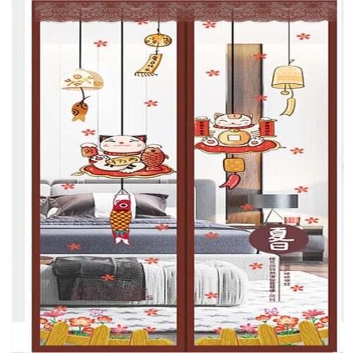 Embroidery Cartoon Cat Summer Magnetic Door Anti-Mosquito Net Fly Bug Insect Curtains Automatic Close Kids Bedroom Kitchen Mesh