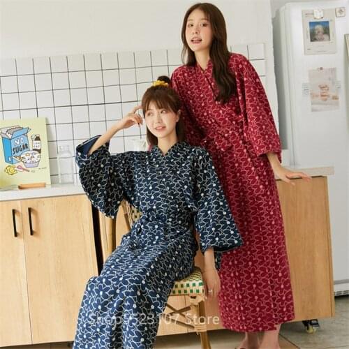 2021 Spring Autumn Laced Nightgown Women Floral Print Yukata Sleepwear Japanese Kimono Pajamas Cotton Loose Home Set Robe Dress