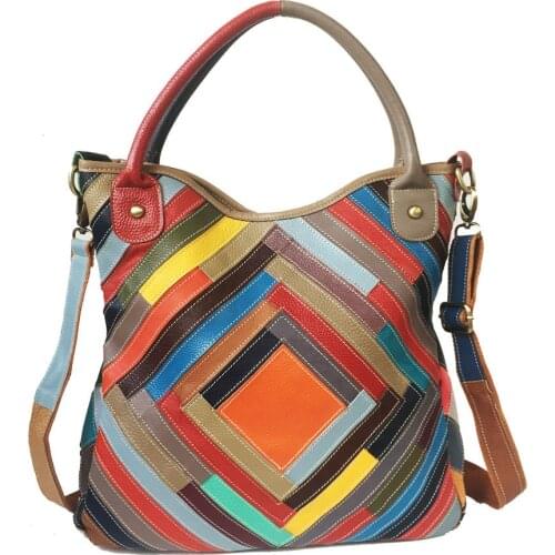 Womens Cowhide Plaid Handbag Hand Patchwork Stitching Colourful Shoulder Bag Large Capacity Practical Messenger Bag