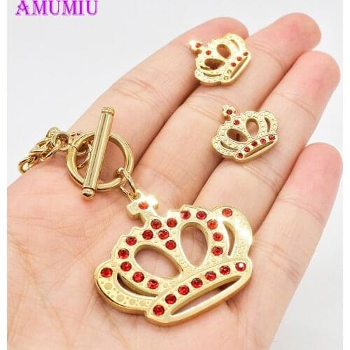 AMUMIU Gold Queen Crown Woman Jewelry Sets Pendant Necklace And Stud Earrings Set For Party Gifts hip hop style JS027