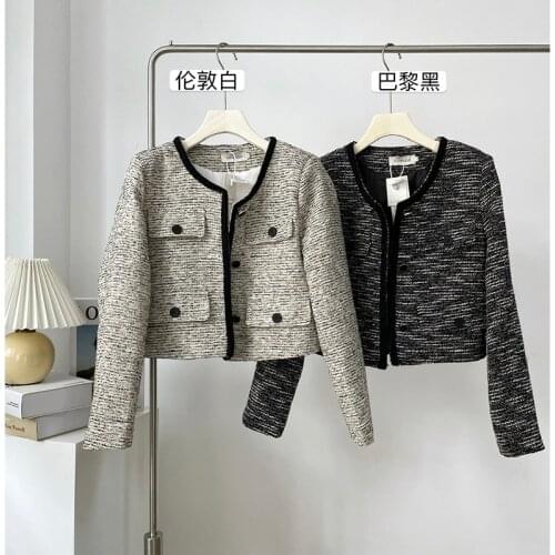 VSUE Women Elegant Autumn Grey Black Woven Tweed Spliced Pocket Buttons Single Breasted Slim Short Blazer Outwear Jacket C3006C