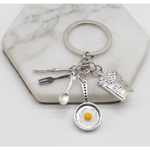 1 knife and fork, French fries keychain, egg frying pan keychain, chef, bakery personality creative gift jewelry