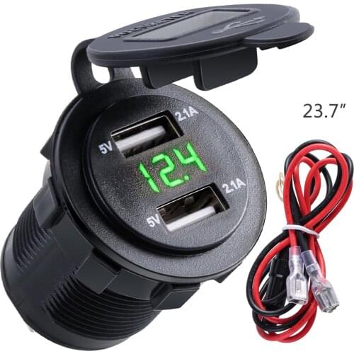 12V/24V 4.2A Dual USB Car Motorcycle Charger Socket Adapter Outlet LED Voltmeter Modified Car Charger 0.6 Meter Wire