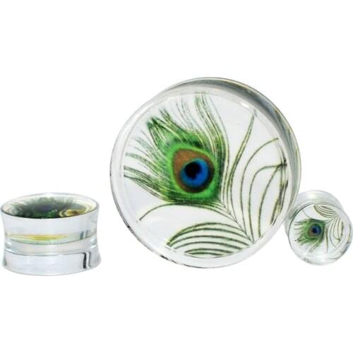 2pcs Peacock Feather Design Double Flared Ear Percing Plugs Tunnels Transparent Arylic Ear Gaugus Fashion Body Piercing Jewelry