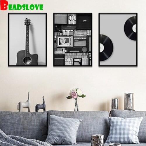 Full drills diamond painting restoring ancient ways of modern American guitar record music Diamond embroidery Triptych