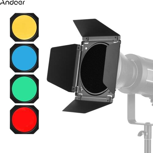 Andoer Photography Light Barn Door Barndoor Kit with HoneycombGrid 4pcs Color Filters for 7 Inch Standard Reflector Strudio