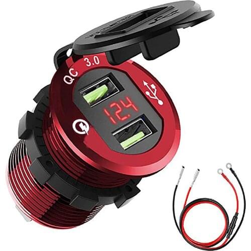 SOONHUA Dual USB QC 3.0 Car Charger Aluminum Socket Power Outlet Charger With Digital Voltage Display For 12V/24V Car Motorcycle