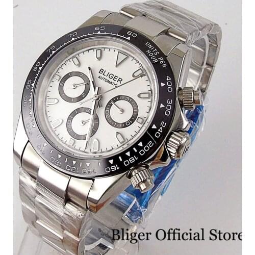 BLIGER White Men Watch Self Winding Automatic Date Week Screw Crown Middled Polished Strap Mental Back