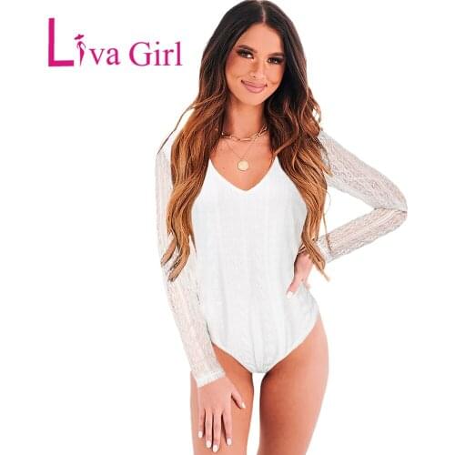 LIVA GIRL White/Black Lace Cut-out Deep V Neck Bodysuit Woman 2021 Solid Bodycon Jumpsuit Female Long Sleeve Slim Backless Tops