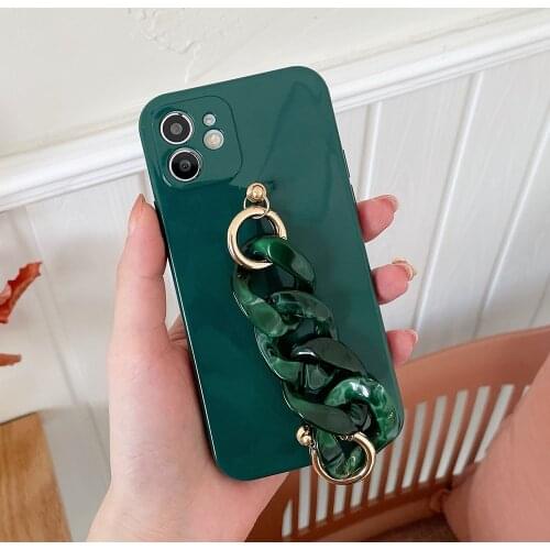 Wrist Chain Case for iPhone 12Pro Max 7 8 Plus XR XS Max SE Glossy Dark green marble bracelet Chain Hanging Case for iPhone 11