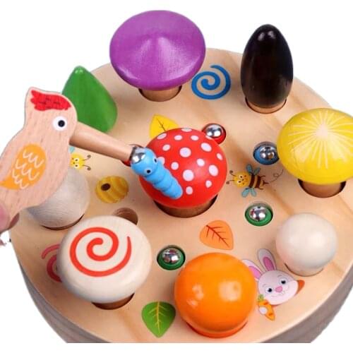 Wooden toys Colorful Magnetic Pull Mushroom Woodpecker Catch Worm Home Puzzle Game Early Education Toy for Kids
