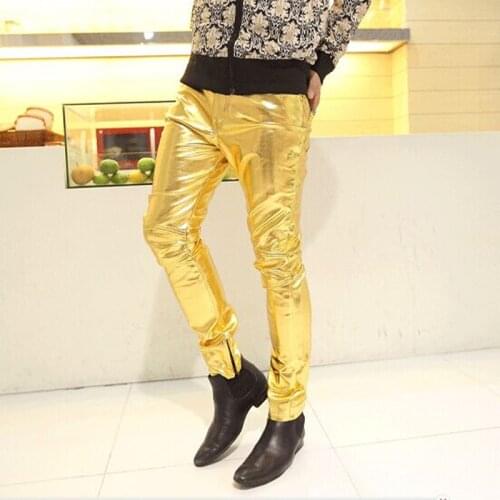 Nightclub Stage Performance Singers Dancer Jeans Plus Size 4Xl Men Skinny Faux Pu Leather Pants Shiny Black Gold Silver Trousers