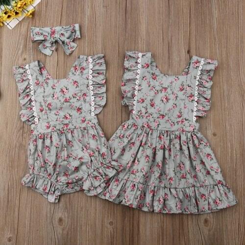 New Sister Match Baby Girls Clothes Ruffles Sleeve Floral Romper Headband Big Sister Dress Princess Outfits Clothes