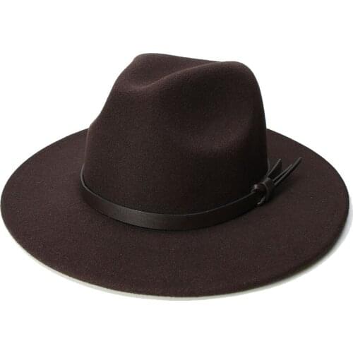 LUCKYLIANJI Retro Women Men Vintage 100% Wool Wide Brim Cap Fedora Panama Jazz Bowler Hat Coffee Leather Band (57cm/adjusted)