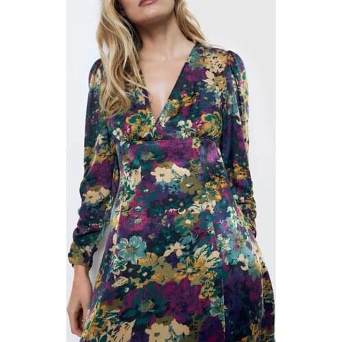 New Ladies Floral Print Dress Long Sleeve V-neck Mini Dress Sweet Girl Party Dress