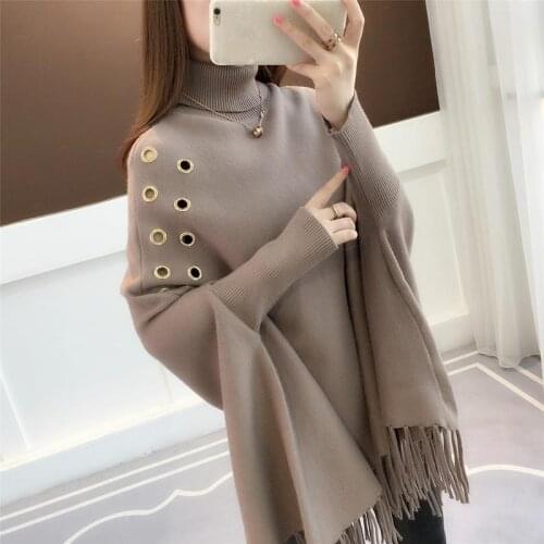 2020 Bat Sleeve Loose Sweater Turtleneck Cloak Jacket Autumn Winter New Sweater Womens Hedging Tassel Shawl