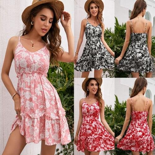 Summer Dress Women A-Line Dresses Ruffles Sling Sleeveless Backless High Waist Print Mini Dress For Women Vestidos Femme Robes