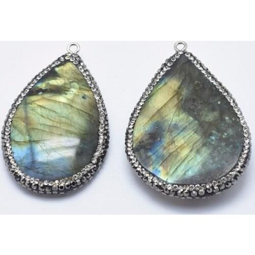 Pandahall 10pc Natural Labradorite Big Pendants with Polymer Clay Rhinestone Brass Finding Drop DIY Jewelry Making Necklaces
