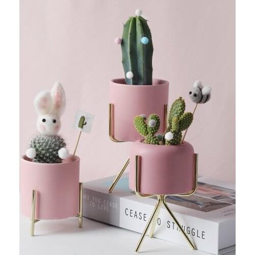 Pink ceramic pot with Gold Metal holder bonsais naturales lithops flower pots succulent planter bloempot vertical garden pots