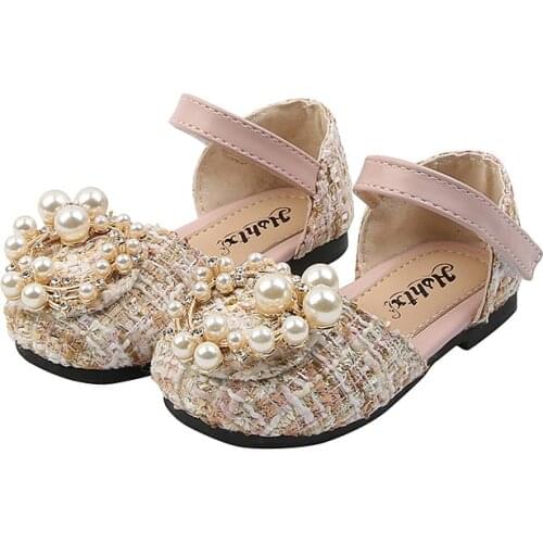 Girls Sandals Summer Fashion Plaid Pearl Girl Dress Shoes Flat Kids Princess Shoes Soft Bottom Size 21-30 SHS080