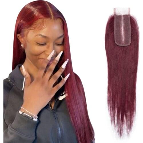 Sapphire 99J Red Wine Color Straight 2*4 Lace Closure Bleached Knots 2*4 Middle Part Human Hair Lace Closure 8 to 20 Inches