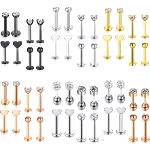 8Pcs Crystal Labret Piercing Set 16G Heart Tragus Piercing Earring Lot Conch Piercing Set Lip Labret Stud Pack Lobe Earring Bulk