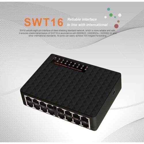Professional 16 Ports Fast Ethernet LAN RJ45 Vlan Network Switch Switcher 10/100Mbps Hub for Desktop PC with EU/US Adapter