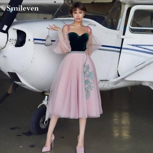 Smileven Puff A Line Prom Dresses Tea Length Spaghetti Straps Prom Party Gowns With 3D Flowers Evening Gowns