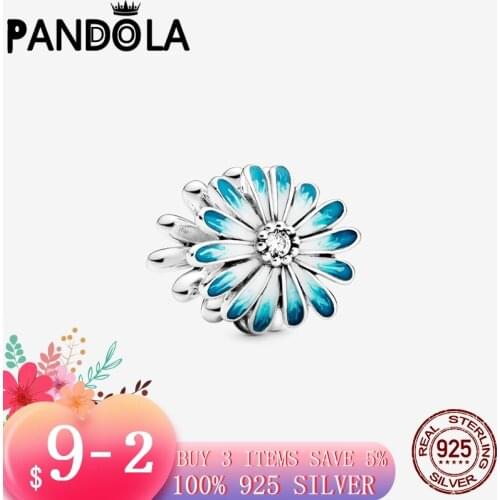 Spring 925 Sterling Silver Sparkling Blue Daisy Flower Charms Beads fit Original Pandora Charms Bracelet Jewelry Gift