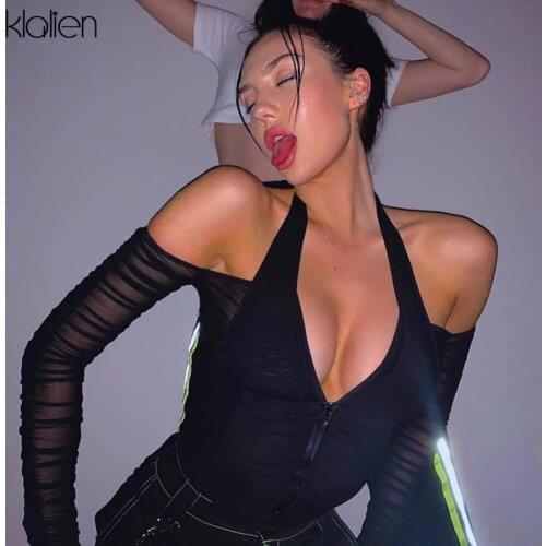 KLALIEN fashion sexy V-neck mesh patchwork shirt women Strapless long sleeve crop top 2020 hot sale club party night shirt mujer
