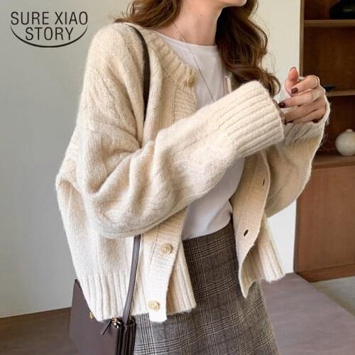 Autumn and Winter Sweater Cardigan Women Fashion 2021 New Loose Thick V-neck Knitted Sweater Winter Clothes Women Tops 16053