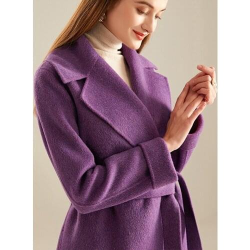 High end 20 winter new lace up Lapel waist closed double-sided Alpaca long purple cashmere coat women