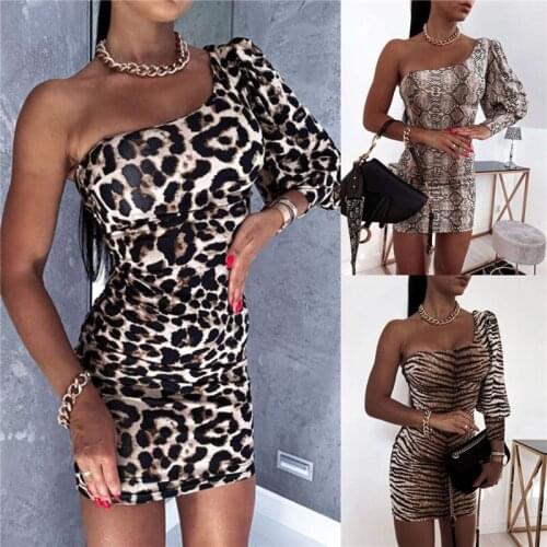 Women Sexy Midi Dress One Shoulder Leopard Serpentine Tiger Pattern Bodycon Pencil Summer Backless One-Piece Dress