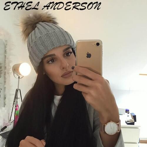 Real Racoon Fur Pom Pom Winter Hats Wool Knit Winter Bobble hat cap Beanie Hat With Fur Pompom For Women Gift Skullies Caps