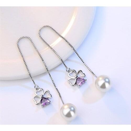 1 Pair Womens Elegant Lucky Clover Inlaid Purple AAA Zircon And Pearls Long Tassel Ear Line Earrings Fashion Jewelry E0832