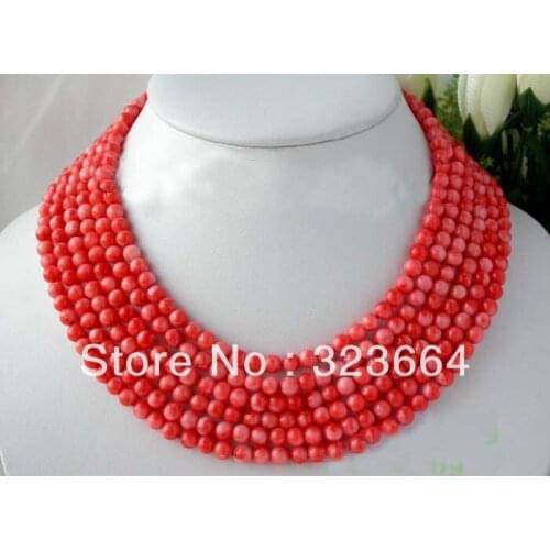 6strands 6mm pink round coral necklace silver clsap