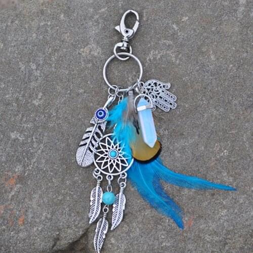 Artilady Natural Opal Stone Dreamcatcher Keyring Bag Charm Fashion Classic Color Boho Jewelry Feather Keychain For Women 2020
