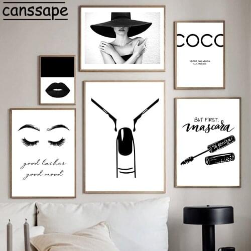 Black And White Canvas Painting Fashion Makeup Poster Lips Eyelashes Wall Art Print Nordic Wall Pictures For Living Room Decor
