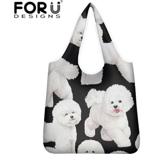 FORUDESIHNS Cute Dog Bichon Eco-Friendly Lady Tote Bags Animal Print Foldable Storage Grocery Bags Slight Quality Duty Handbags