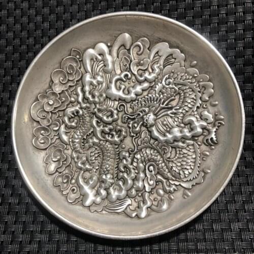 China Elaboration Old Tibet Silver Engrave Propitious Dragon Dish Metal Crafts Home Decoration#2