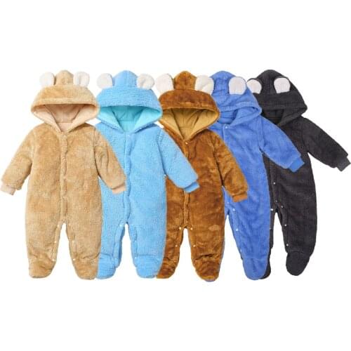 Infant Newborn Baby Girl Boy Long Sleeve Footies Jumpsuit Autumn Fresh Plush Solid Color Single-breasted Hooded Warm Long Pants