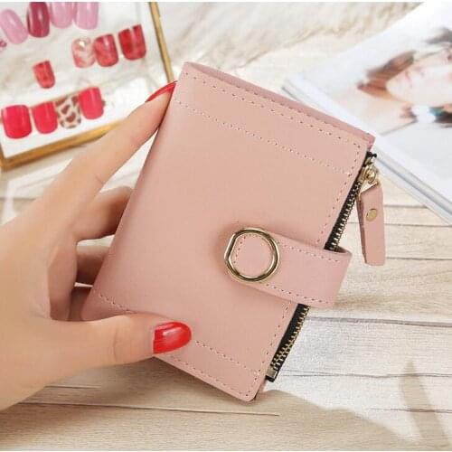 Pu Leather Korean Version Coin Purse Short Ladies Wallet Small Fresh Buckle Solid Color Cute Small Wallet Card Bag Clutch