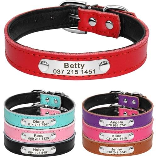 Leather Dog Collar Inner Padded Custom Personalized Dog Collars with Engraved Nameplate ID Tag For Small Medium Dogs