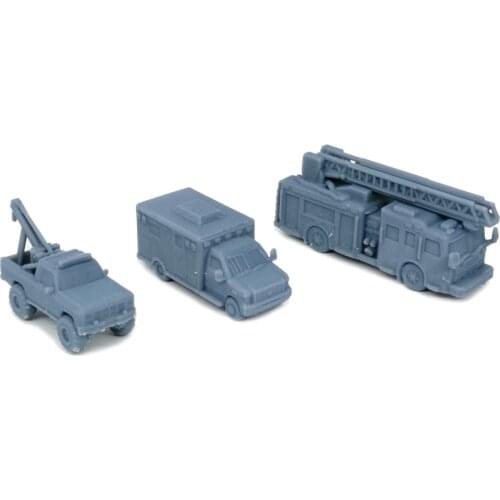 Outland Models Railroad Scenery Rescue Truck Set: Fire/Ambulance/Tow Pickup 1:220 Z Scale